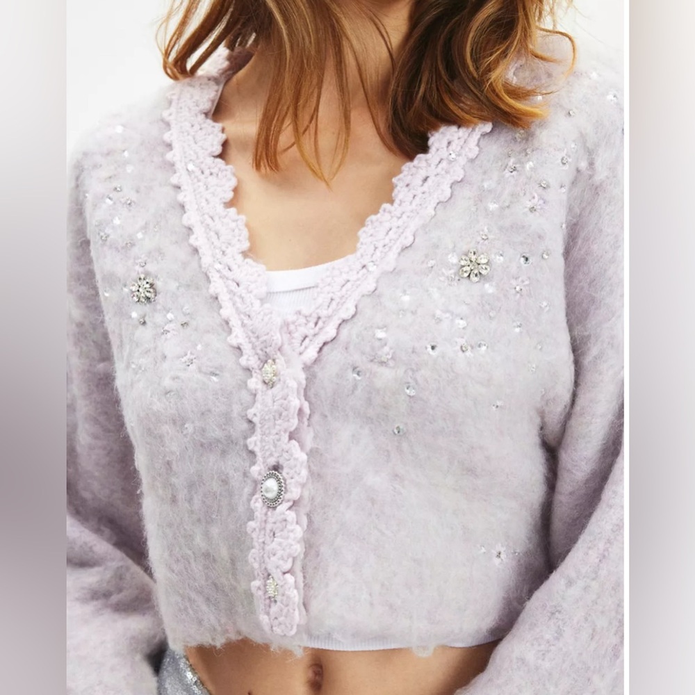 Urban Outfitters holiday party sweater in lilac, w/ pearls & rhinestones. Size M - Picture 4 of 11